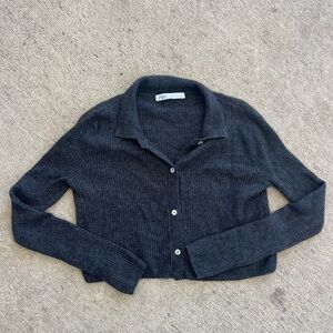 Zara Gray Ribbed Cropped Cardigan